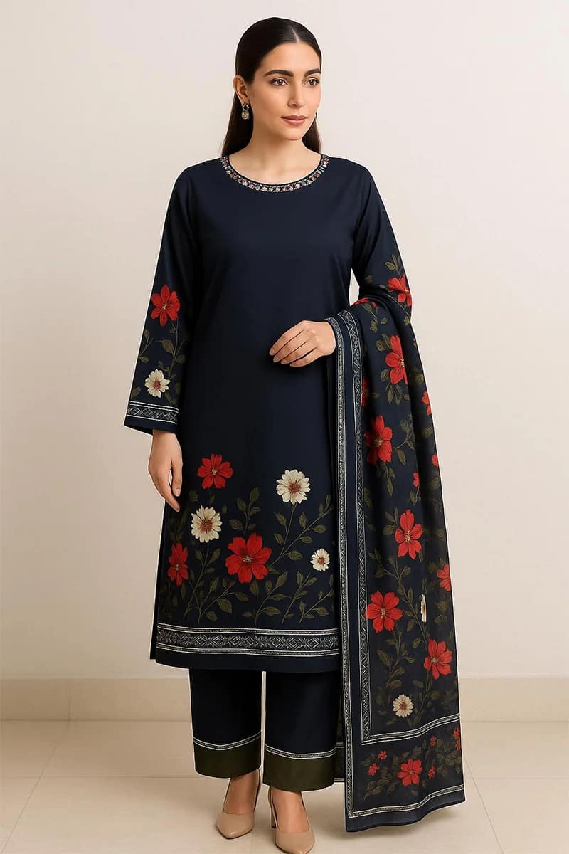NEW BEAUTIFUL NEW BLACK FLORAL PRINTED SILK SUIT WITH ORGANZA DUPATTA 3 PIECE STITCHED SUIT