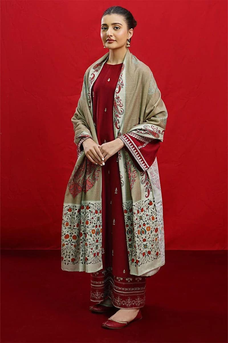 NEW GLORIOUS MAROON EMBROIDERED DHANAK SUIT WITH WOOL DUPATTA 3 PIECE UNSTITCHED SUIT