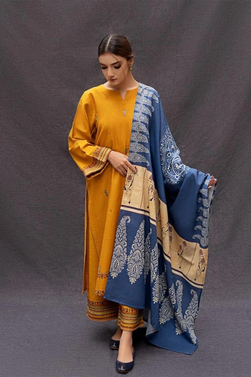 NEW STYLISH MUSTARD EMBROIDERED DHANAK SUIT WITH WOOL DUPATTA 3 PIECE UNSTITCHED SUIT
