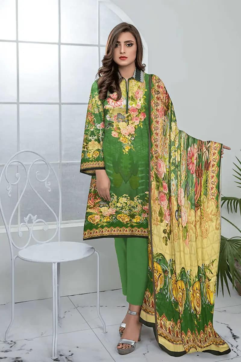 NEW ELEGANT RIWAYAT COTTRELL GREEN LINEN PRINTED SUIT WITH SILK DUPATTA 3 PIECE UNSTITCHED SUIT
