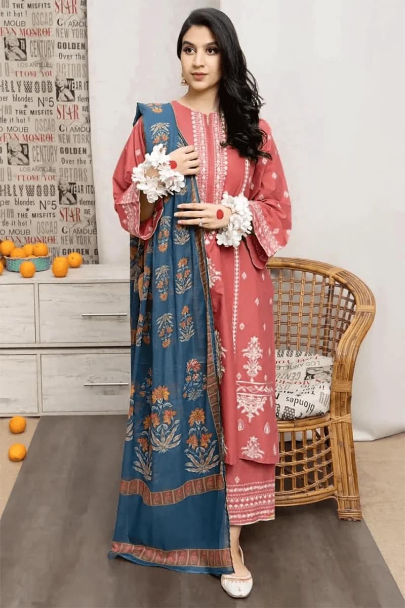 NEW ELEGANT PINK EMBROIDERED DHANAK SUIT WITH WOOL DUPATTA 3 PIECE UNSTITCHED SUIT
