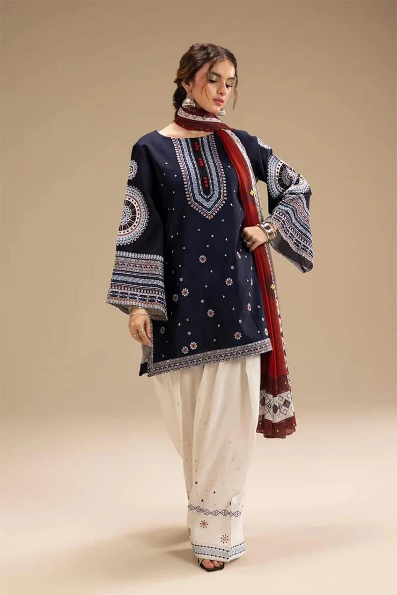 NEW MAJESTY BLUE EMBROIDERED DHANAK SUIT WITH WOOL DUPATTA 3 PIECE UNSTITCHED SUIT