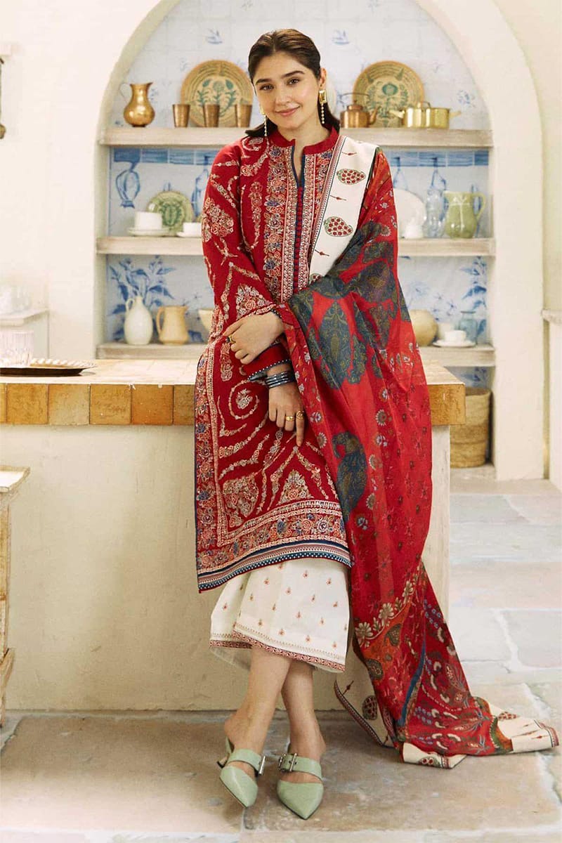 NEW RED EMBROIDERED DHANAK SUIT WITH LUXURIOUS WOOL SHAWL 3 PIECE UNSTITCHED SUIT