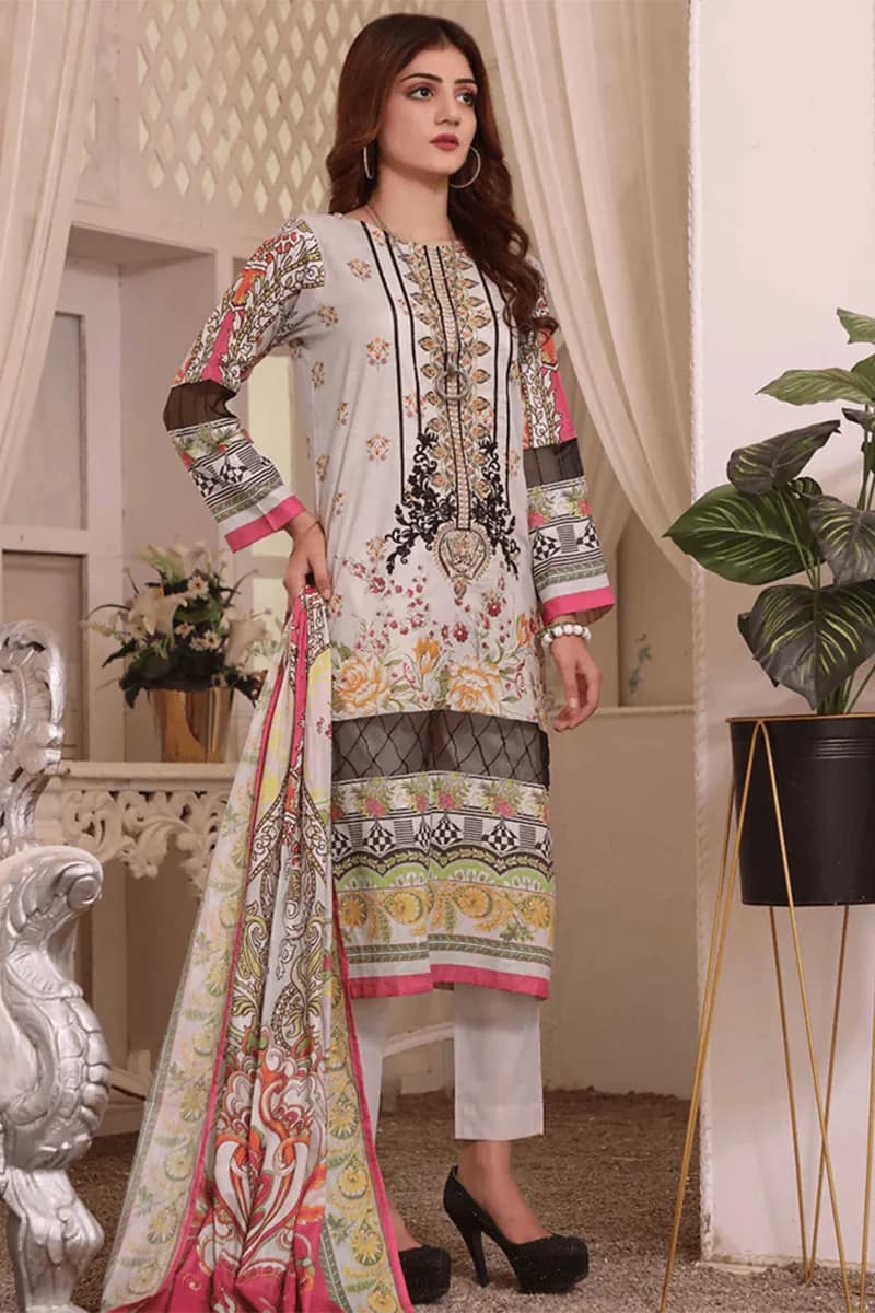 NEW ELEGANT HALIME SULTAN WHITE EMBROIDERED AND PRINTED LAWN SUIT 3 PIECE UNSTITCHED SUIT