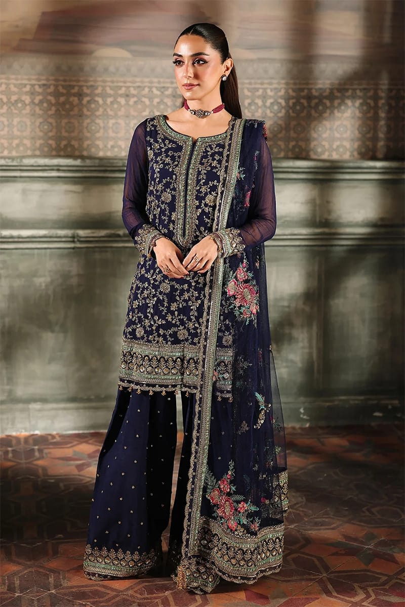 NEW LUXURY NAVY BLUE CHIFFON EMBROIDERED SUIT 3 PIECE UNSTITCHED SUIT