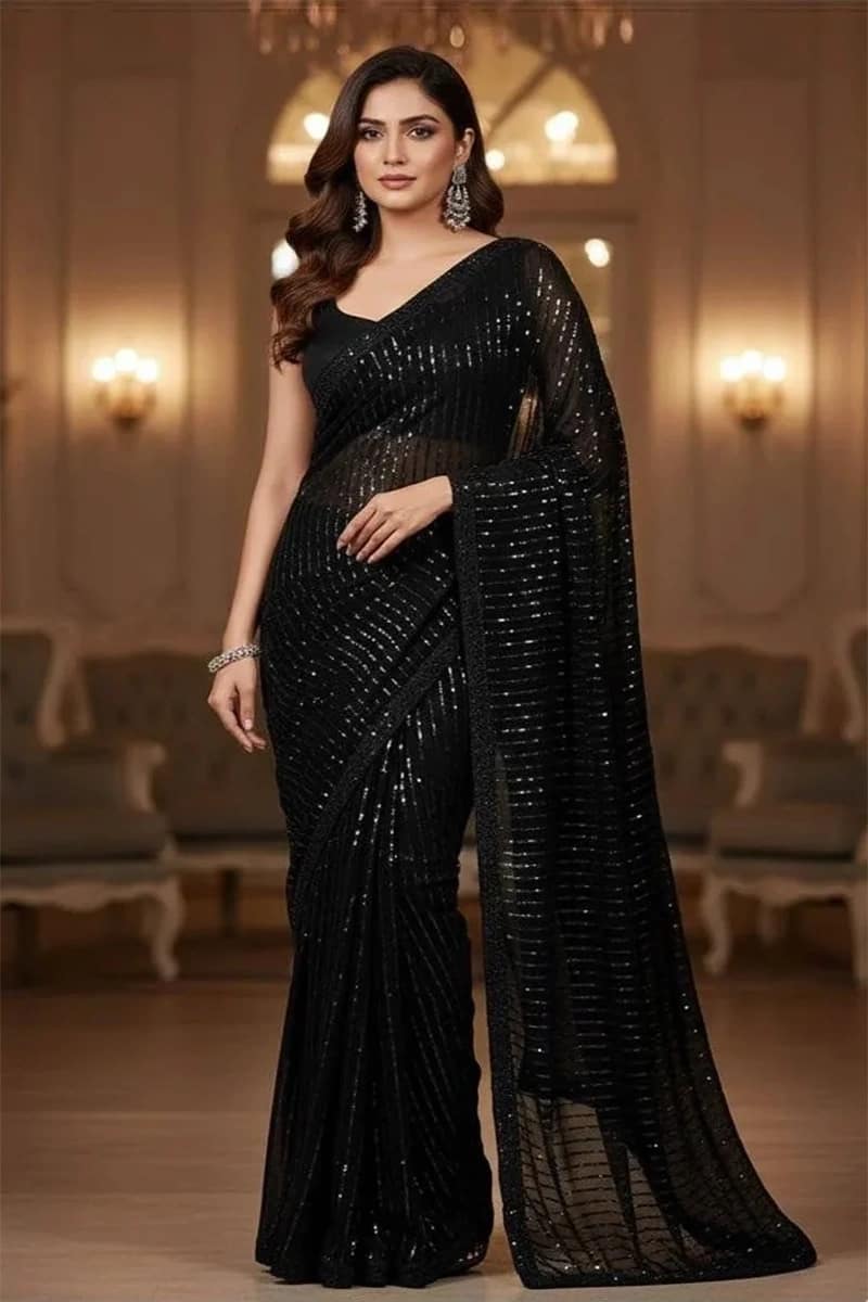 NEW LUXURY BLACK CHIFFON EMBROIDERED SAREE 3 PIECE UNSTITCHED SUIT