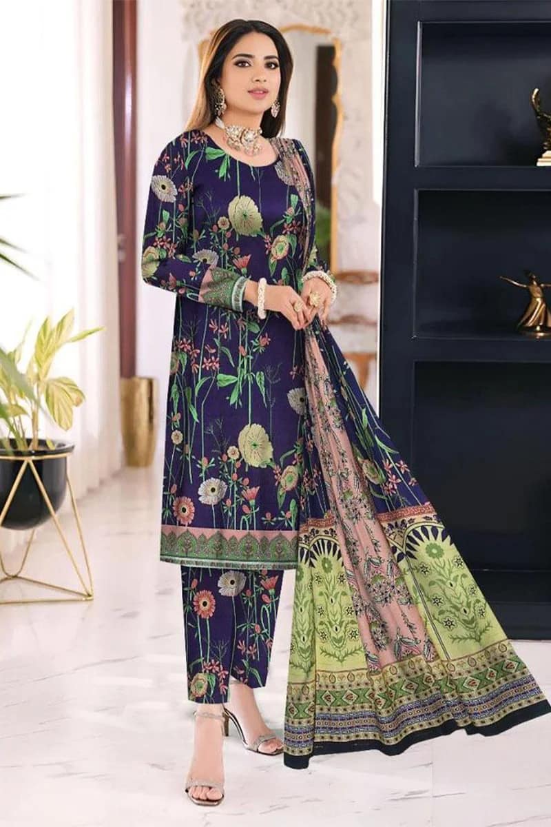 NEW ELEGANT MULTI COLOR PRINTED KHADDAR SUIT WITH DUPATTA 3 PIECE UNSTITCHED SUIT