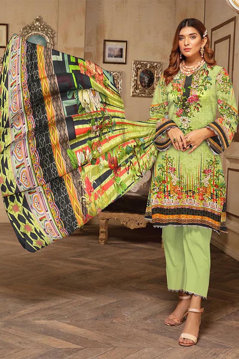 NEW ELEGANT GREEN DIGITAL PRINTED LINEN SUIT WITH SILK DUPATTA 3 PIECE UNSTITCHED SUIT