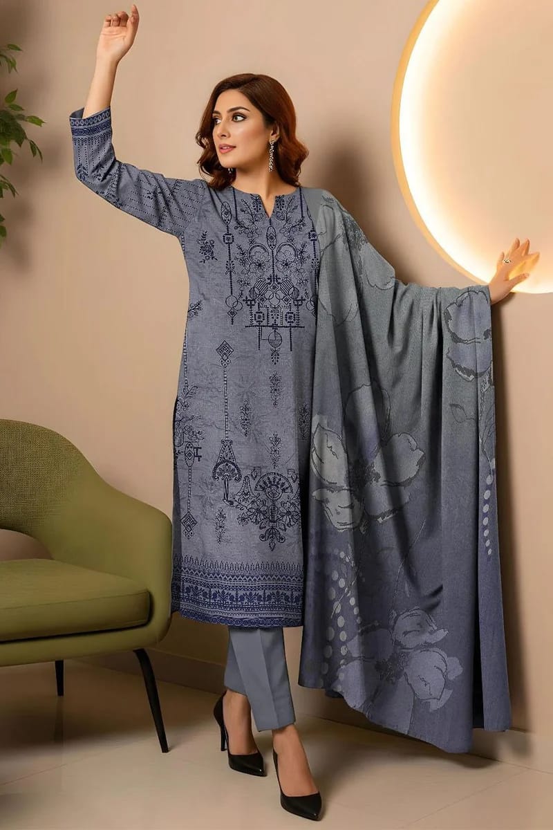 NEW STYLISH GREY EMBROIDERED VISCOSE SUIT WITH PRINTED BAMBER DUPATTA 3 PIECE UNSTITCHED SUIT