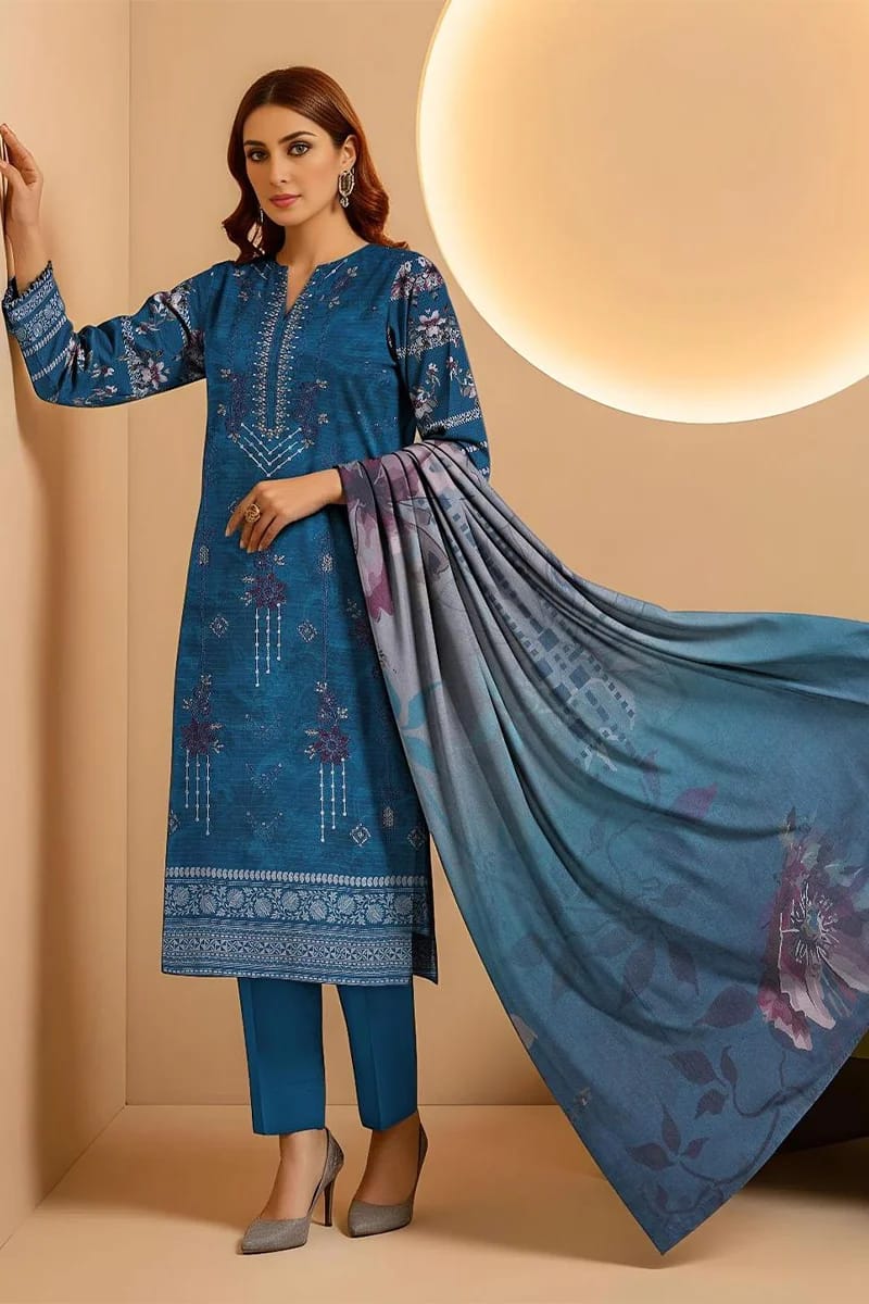 NEW ELEGANT BLUE EMBROIDERED VISCOSE SUIT WITH PRINTED BAMBER DUPATTA 3 PIECE UNSTITCHED SUIT