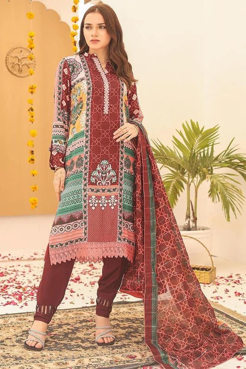 ELEGANT MAROON PRINTED SWISS LAWN SUIT WITH DIAMOND DUPATTA 3 PIECE UNSTITCHED SUIT