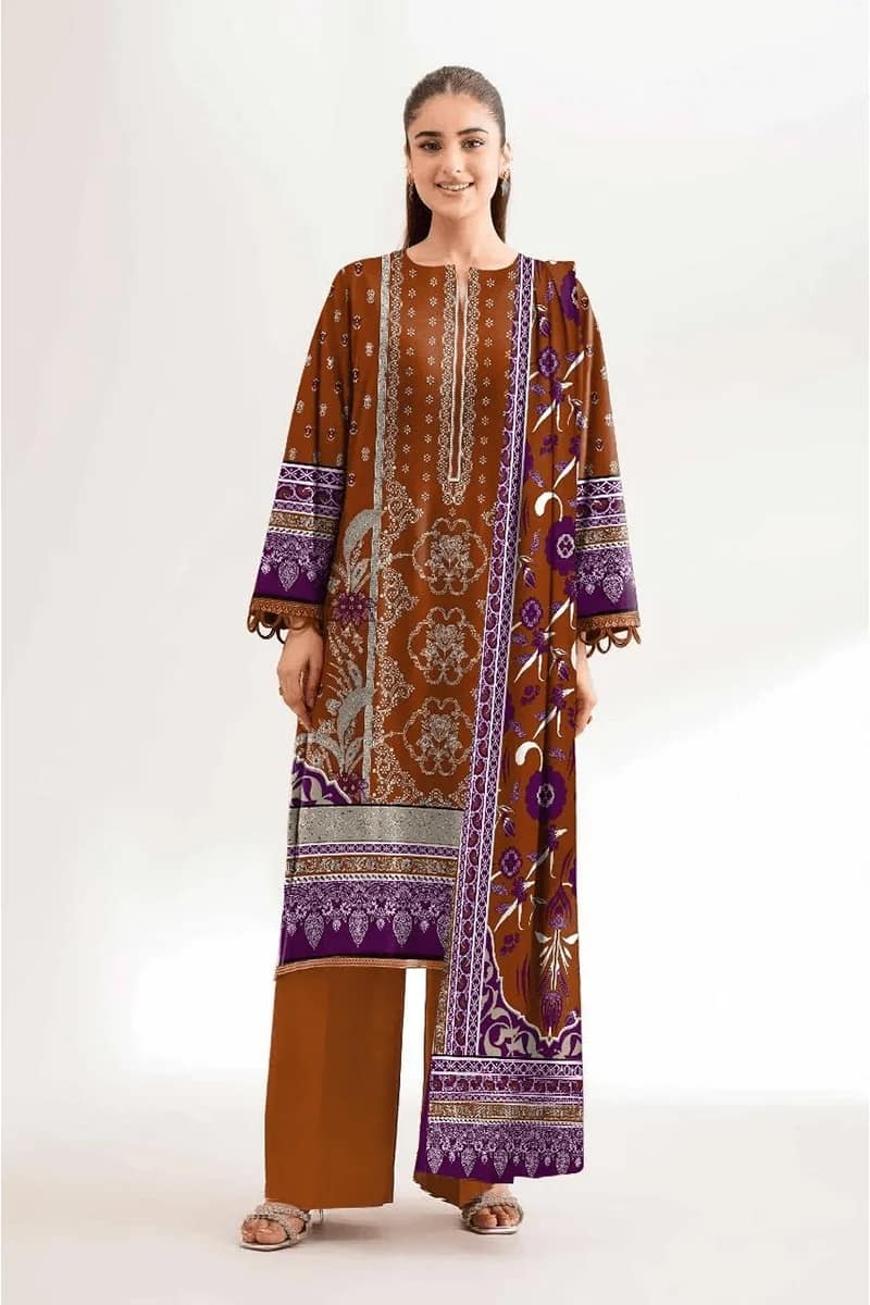 NEW ELEGANT BROWN PRINTED KARANDI SUIT WITH DUPATTA 3 PIECE UNSTITCHED SUIT