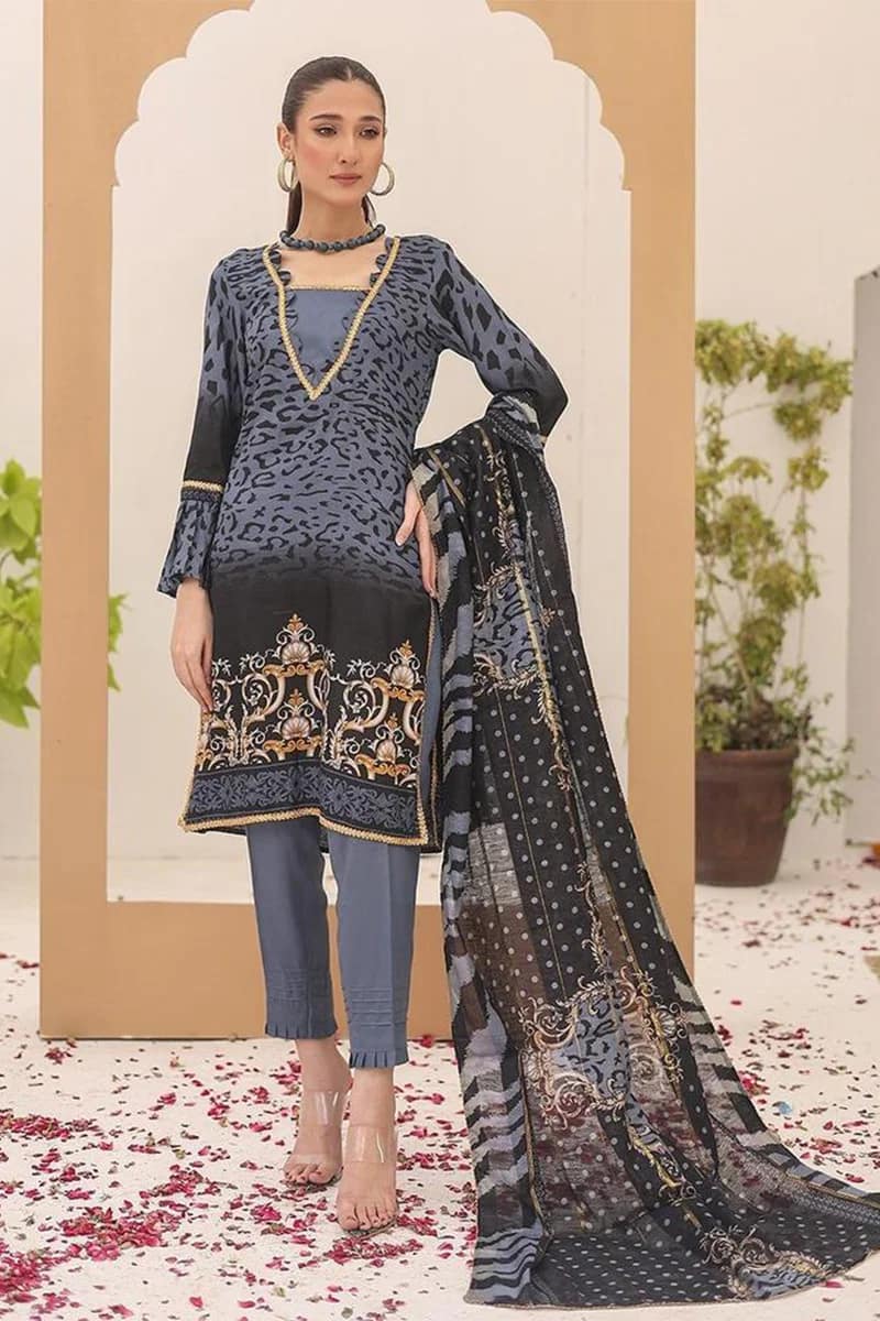 NEW ELEGANT GREY PRINTED SWISS LAWN SUIT WITH DIAMOND DUPATTA 3 PIECE UNSTITCHED SUIT