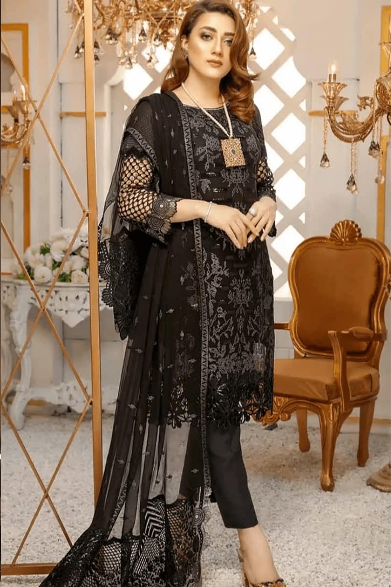 NEW ELEGANT BLACK EMBROIDERED CHIFFON SUIT WITH NET DETAILING 3 PIECE UNSTITCHED SUIT