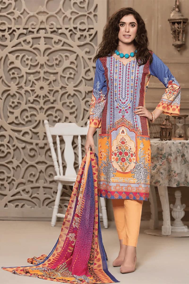 NEW ELEGANT MULTICOLOR EMBROIDERED LAWN SUIT WITH BARBER CHIFFON DUPATTA 3 PIECE UNSTITCHED SUIT