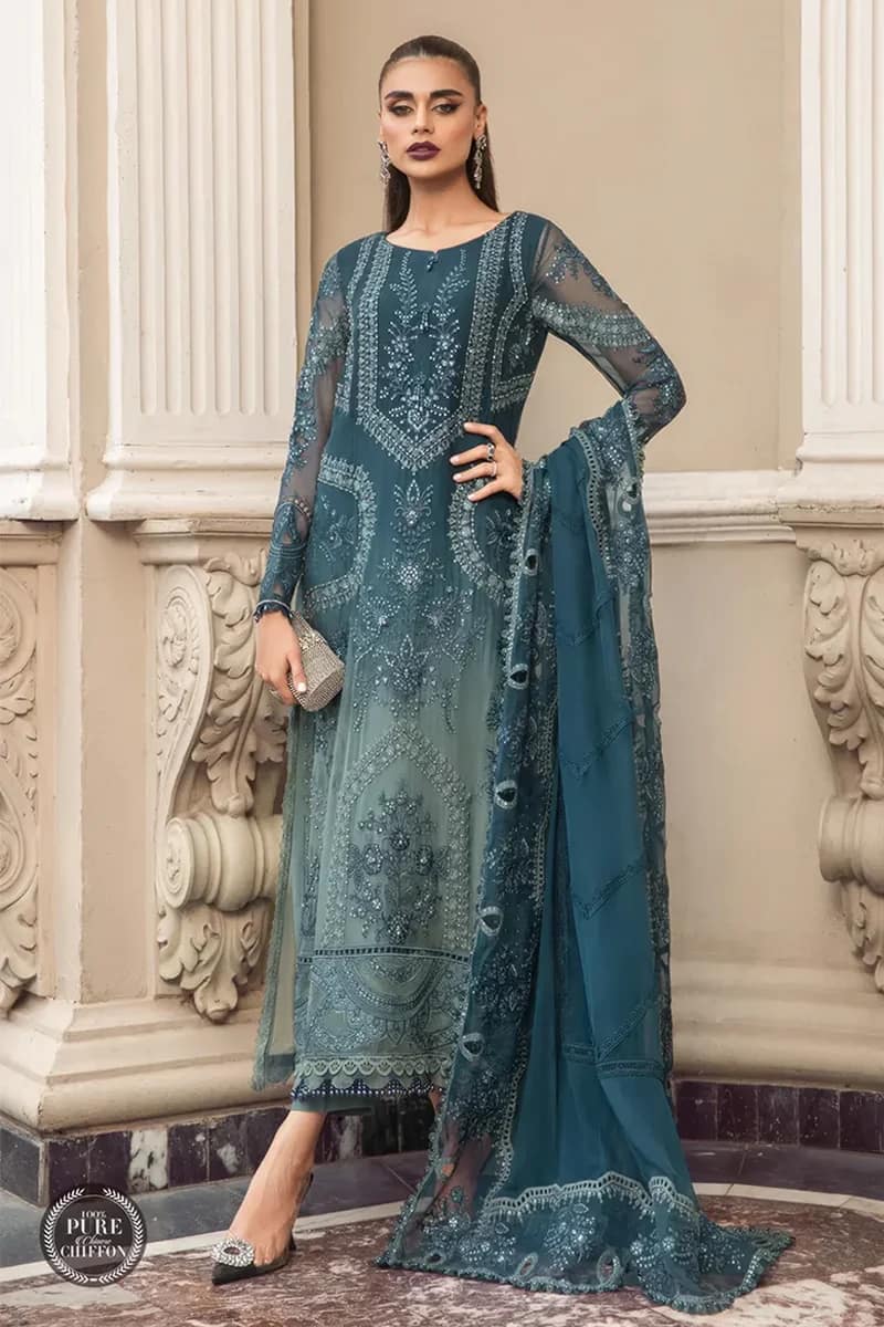 NEW LUXURIOUS TEAL BLUE EMBROIDERED CHIFFON SUIT WITH PEARL DETAILING 3 PIECE UNSTITCHED SUIT