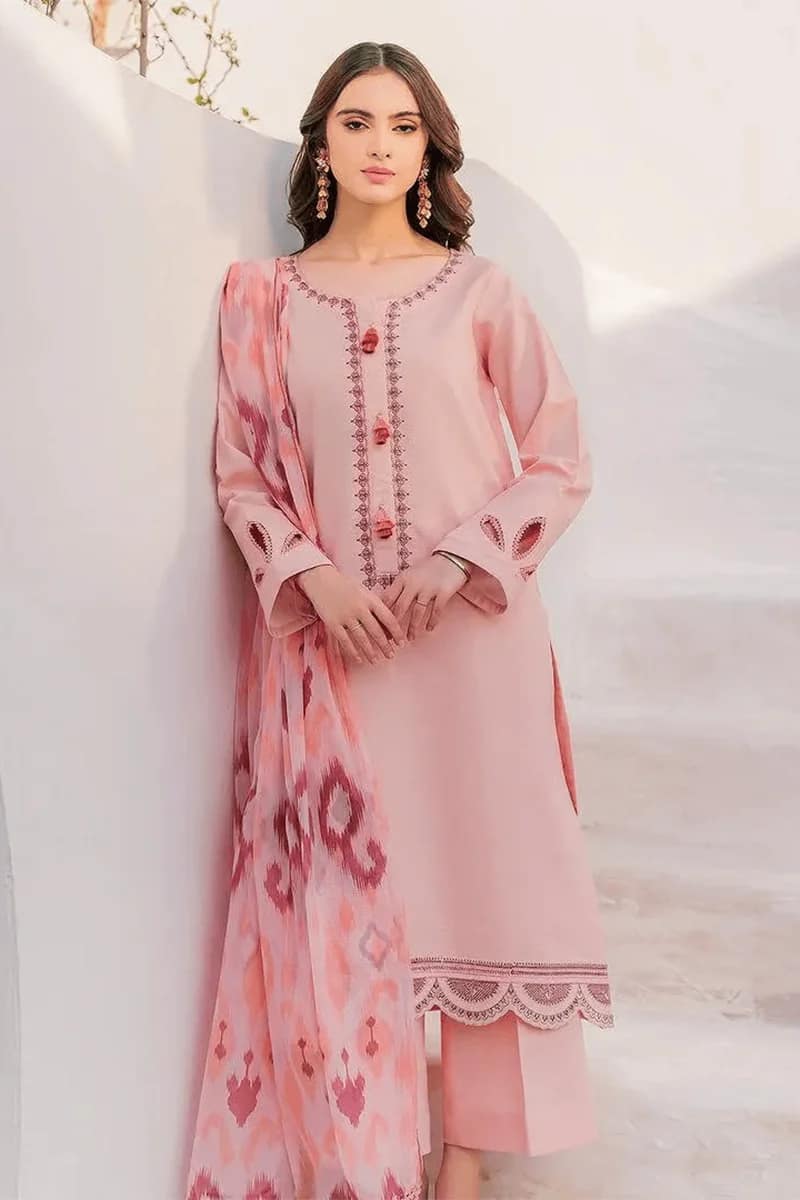 NEW ELEGANT PINK EMBROIDERED DHANAK SUIT WITH PRINTED WOOL SHAWL 3 PIECE UNSTITCHED SUIT