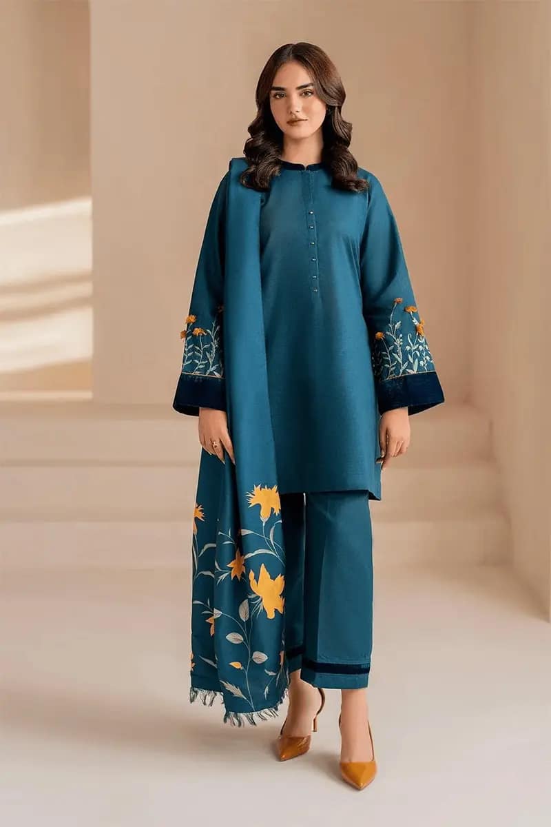 NEW ELEGANT BLUE EMBROIDERED DHANAK SUIT WITH PRINTED WOOL SHAWL 3 PIECE UNSTITCHED SUIT