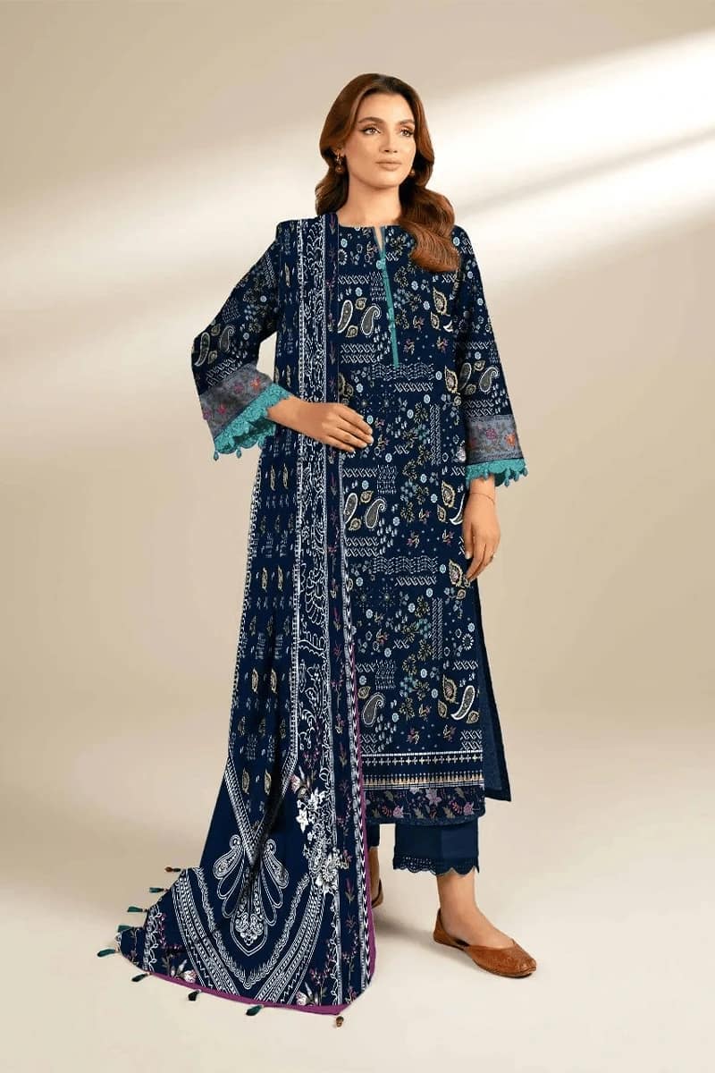 NEW ELEGANT BLUE PRINTED LINEN SUIT WITH DUPATTA 3 PIECE UNSTITCHED SUIT