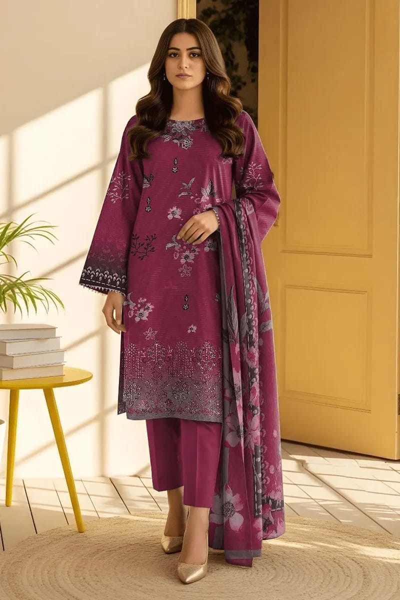 NEW ELEGANT PINK EMBROIDERED VISCOSE SUIT WITH BAMBER DUPATTA 3 PIECE UNSTITCHED SUIT