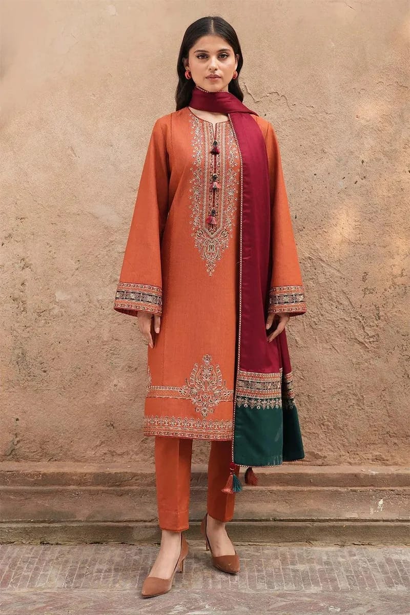 NEW ELEGANT ORANGE EMBROIDERED DHANAK SUIT WITH PRINTED WOOL SHAWL 3 PIECE UNSTITCHED SUIT