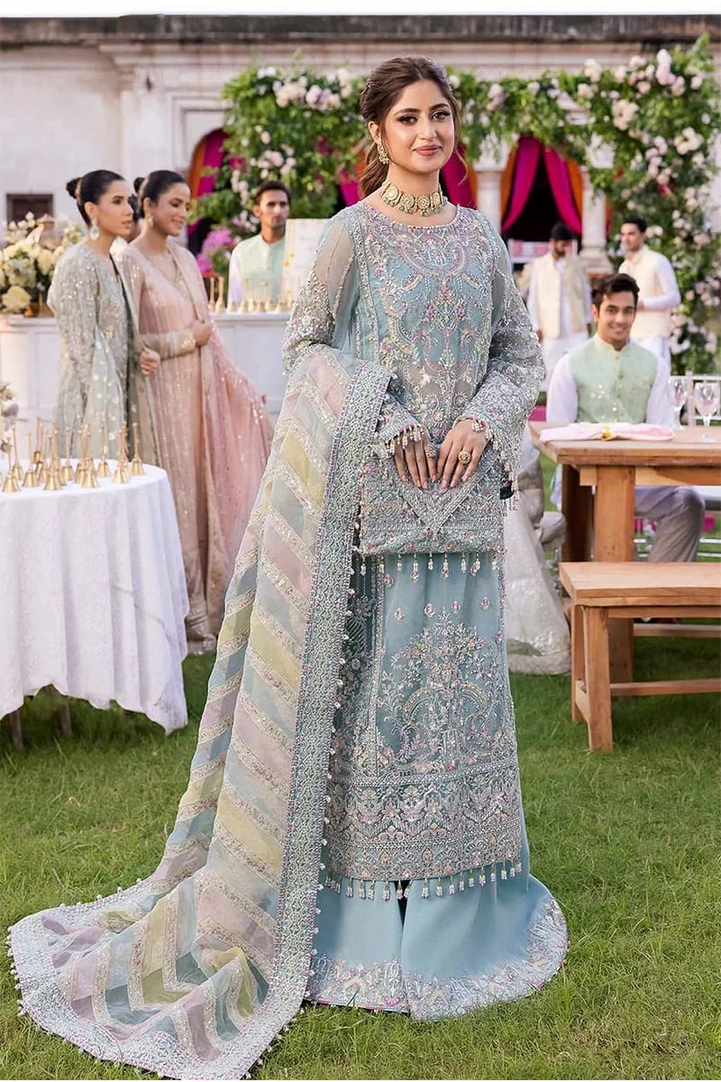 ADMIRE OUR NEW SKY BLUE EMBROIDERED ORGANZA BRIDAL SUIT 3 PIECE UNSTITCHED SUIT