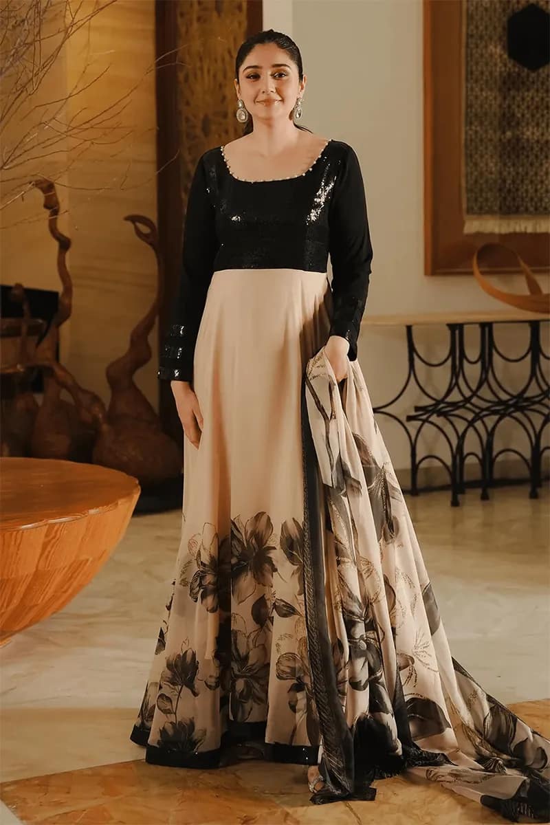 NEW ELEGANT BLACK AND BEIGE PRINTED SILK MAXI WITH NET DUPATTA 3 PIECE UNSTITCHED SUIT