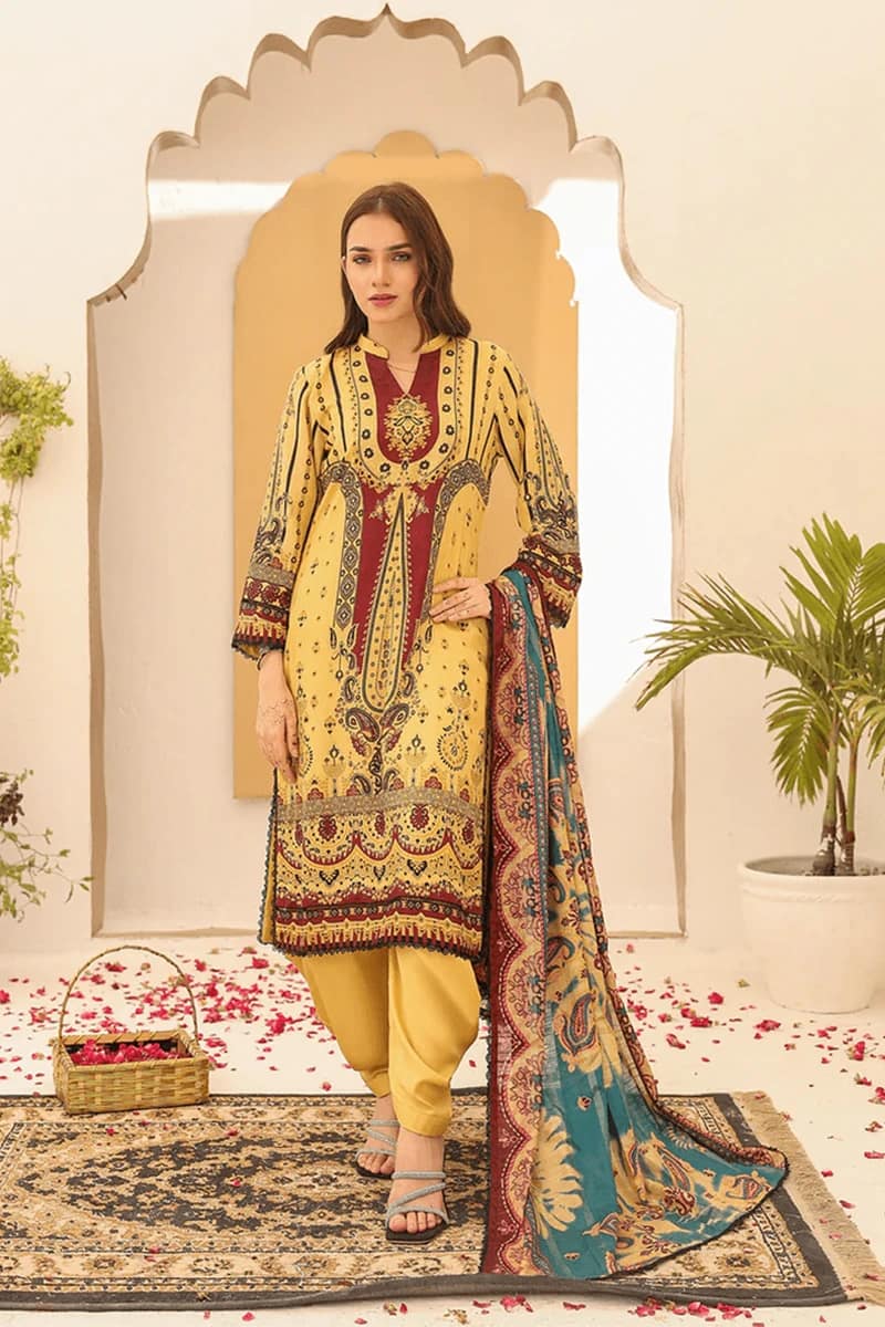 NEW ELEGANT YELLOW PRINTED LAWN SUIT WITH DUPATTA 3 PIECE UNSTITCHED SUIT