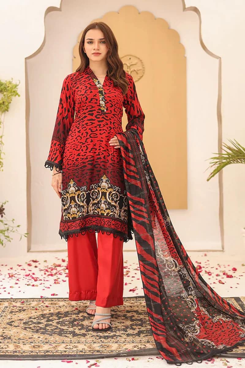 NEW ELEGANT RED PRINTED LAWN SUIT WITH DUPATTA 3 PIECE UNSTITCHED SUIT