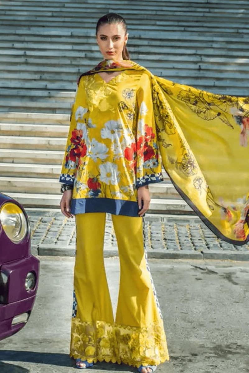 NEW LUXURY HONEY YELLOW LAWN SUIT WITH SILK BORDER DUPATTA 3 PIECE UNSTITCHED SUIT