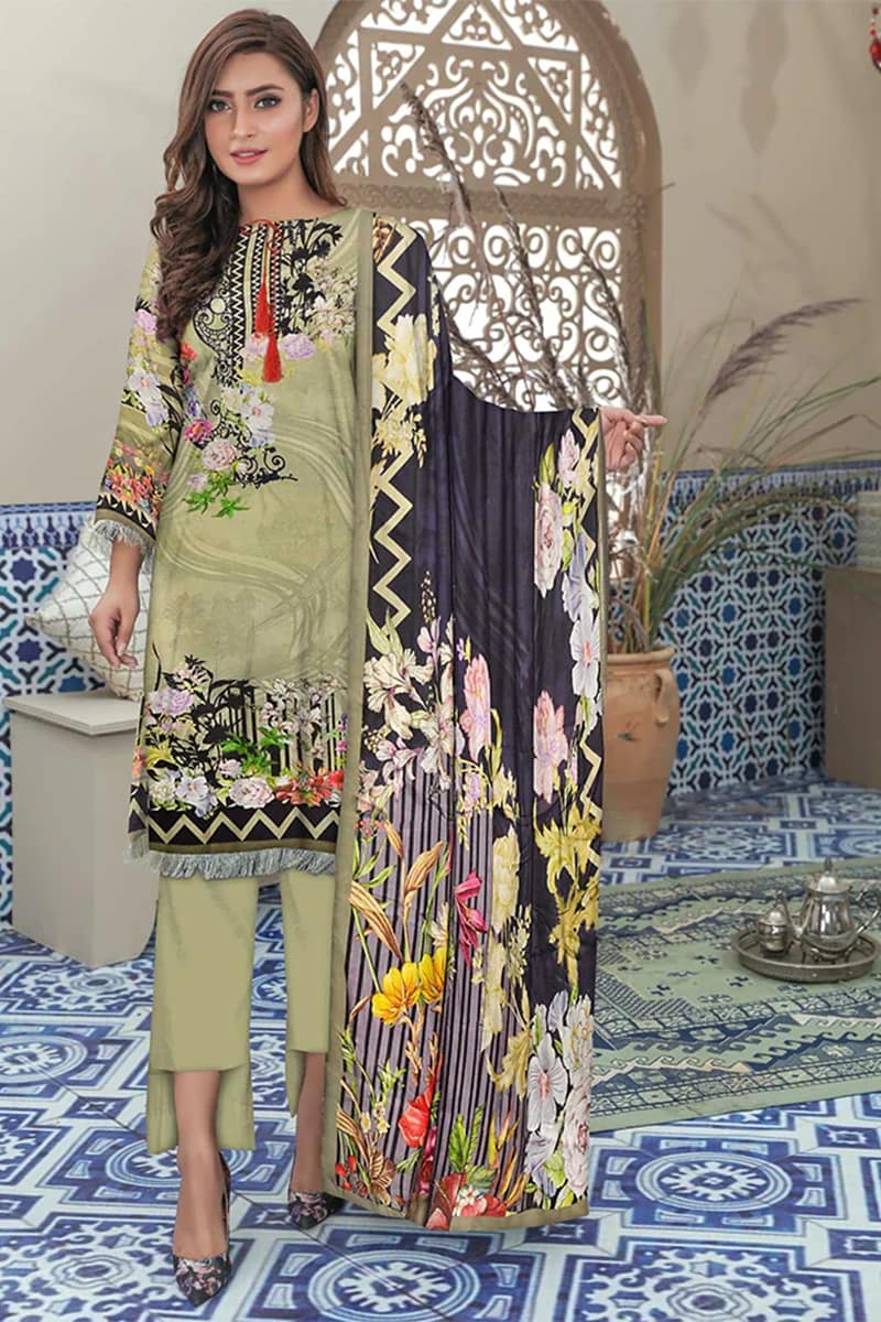 NEW ELEGANT RIWAYAT GREEN LINEN PRINTED SUIT WITH SILK DUPATTA 3 PIECE UNSTITCHED SUIT
