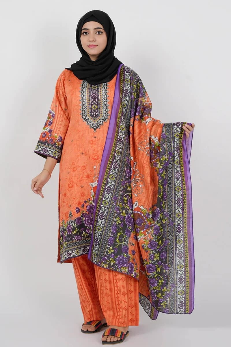 NEW ELEGANT ORANGE DIGITAL POLY FABRON SUIT 3 PIECE UNSTITCHED SUIT