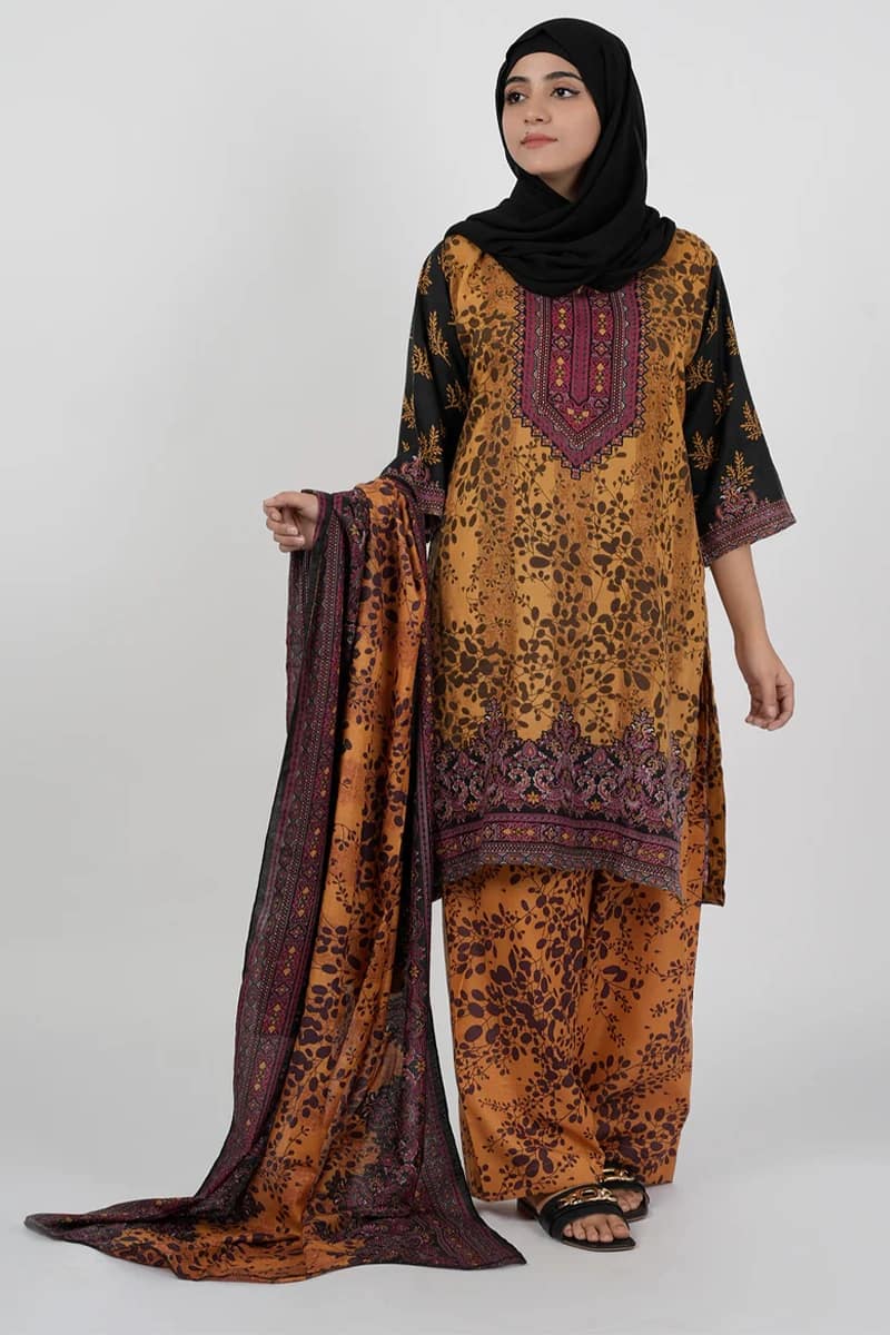 NEW ELEGANT MUSTARD DIGITAL POLY FABRON SUIT 3 PIECE UNSTITCHED SUIT